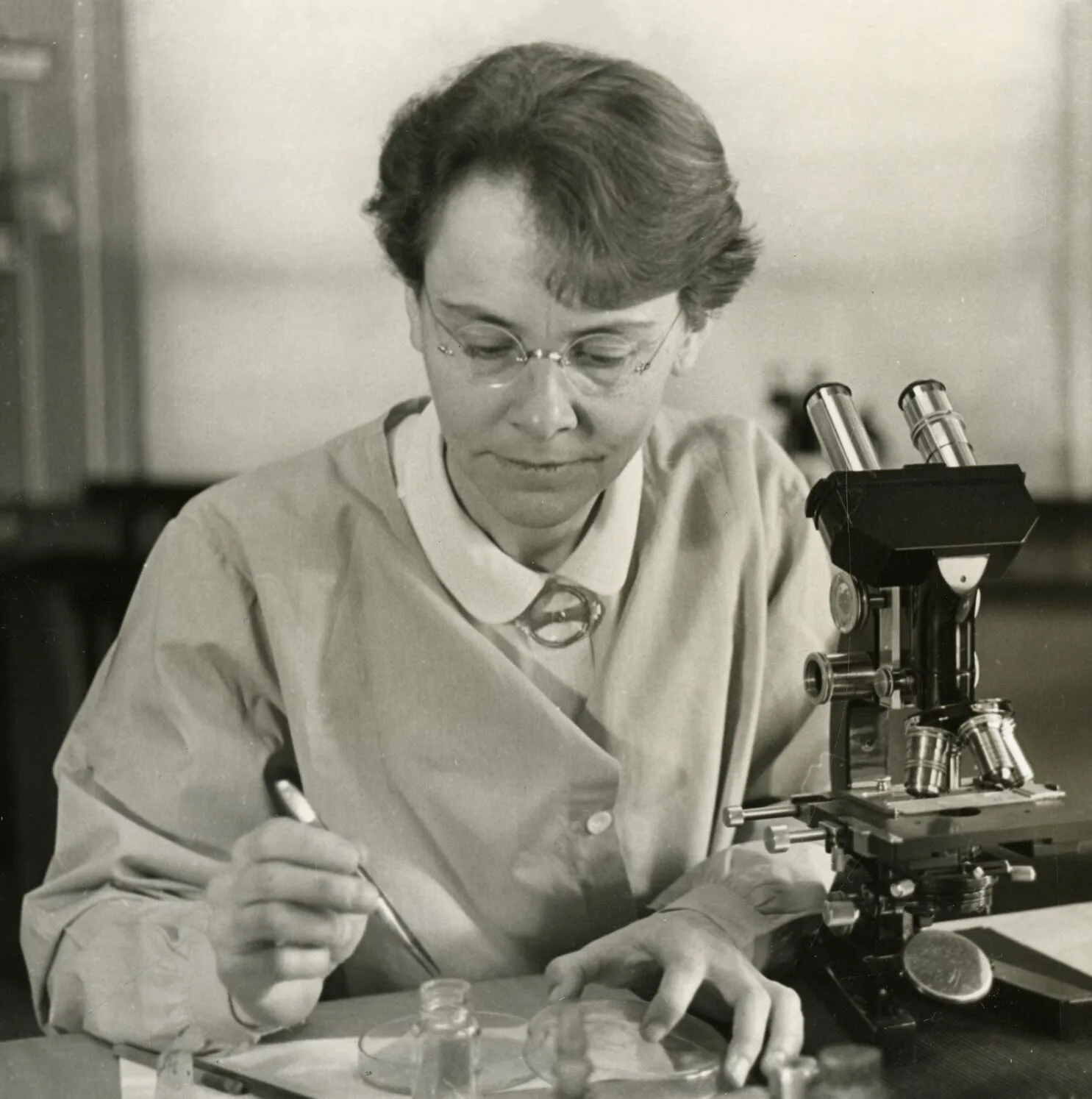 Black-and-white photograph of Barbara McClintock at a laboratory bench beside a microscope